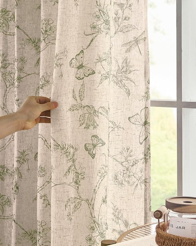 jinchan Floral Linen Curtains for Living Room 84 Inch Length Butterfly Curtain - Image 3