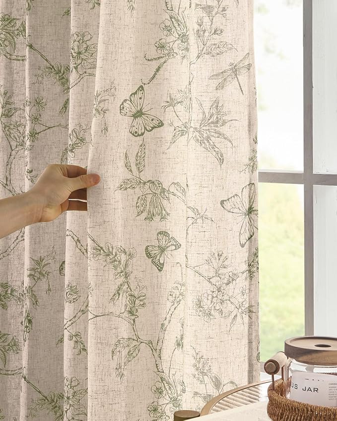jinchan Floral Linen Curtains for Living Room 63 Inch Length Butterfly Sage - Image 3