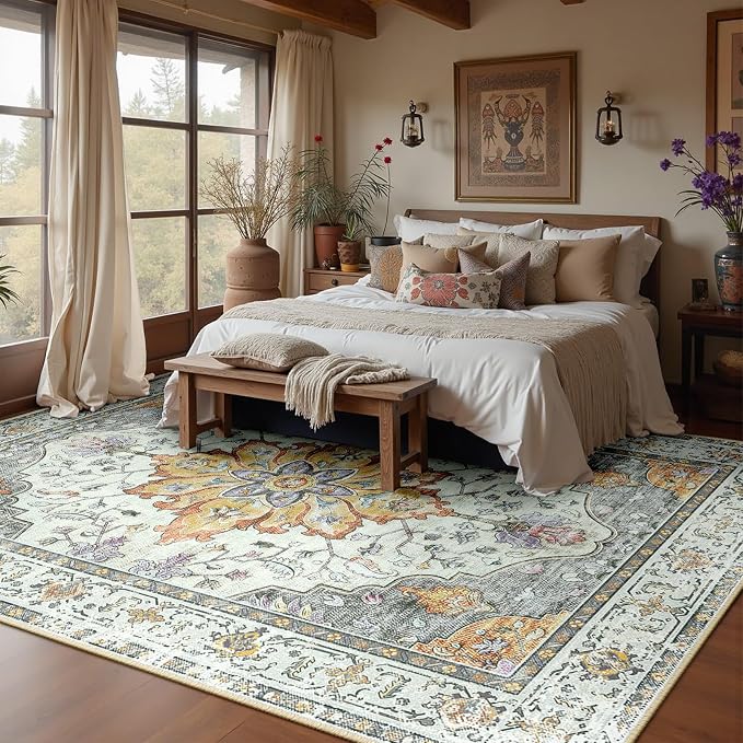 RELEANY Area Rugs 10'x12' Washable Non-Slip, Floral Vintage Distress Print - Image 2