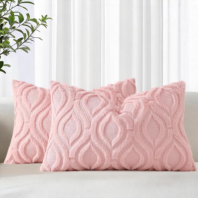 decorUhome Throw Pillow Covers 12x20 Inch Set of 2, Soft Plush Faux Wool Pink by decorUhome