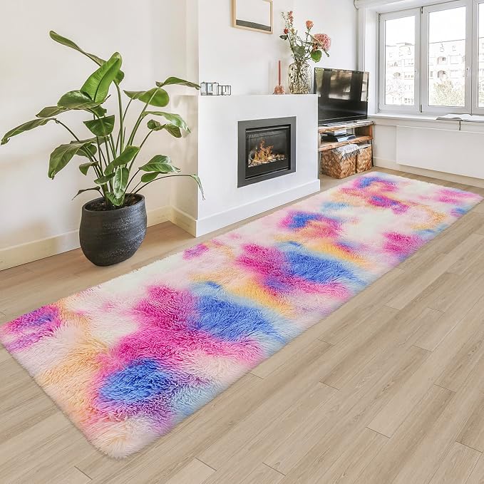 Fluffy Colorful Rug for Bedroom 2x8 ft Kawaii Tie-Dyed Area Rug Non Slip Cute by JiaoBaba