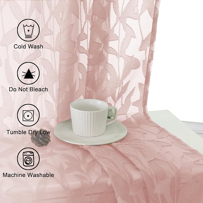 Lecloud Leia Blush Pink Sheer Curtains 84 Inches Long 2 Panels, Airy Leaf - Image 9