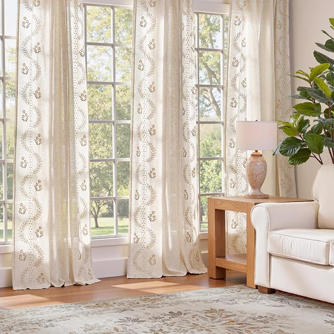 jinchan Belrose Linen Curtains for Bedroom Floral Curtains 96 Inch Length Linen - Image 3