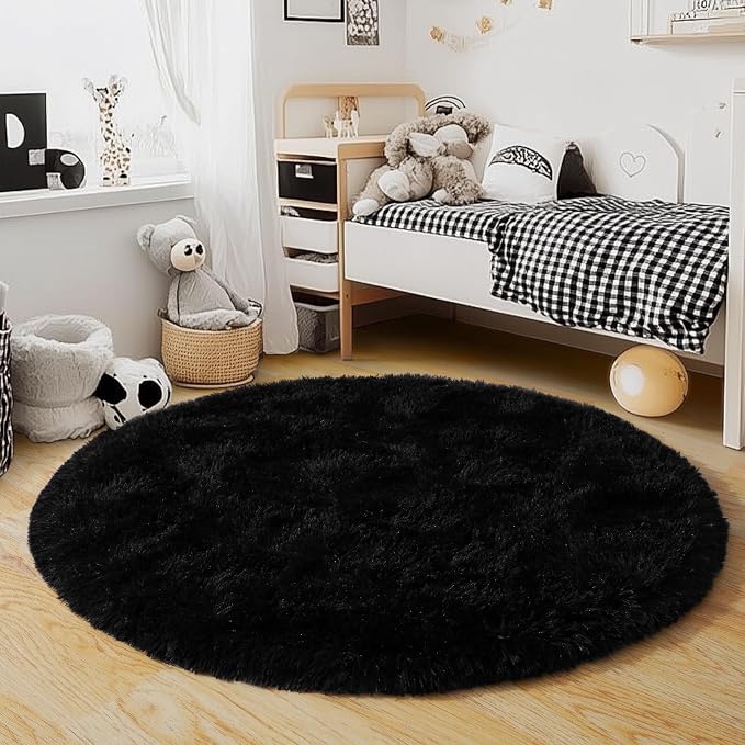 3'x3' Black Round Rug for Bedroom, Ultra Soft Fluffy Circle Rug for Kids Girls - Image 6