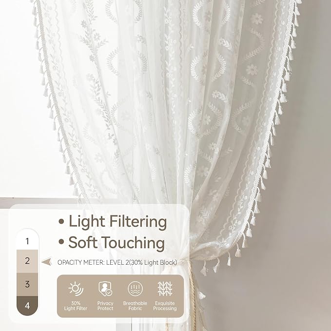 WAZZIO Boho Lace Curtains 2 Panels 63 Inches -Cute Vintage Victorian Sheer - Image 5