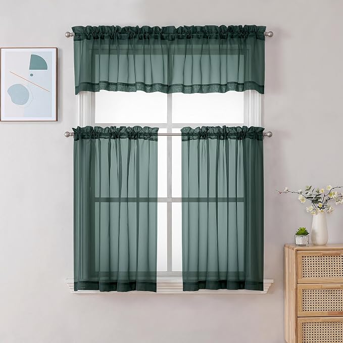 Gwine Hunter Green Sheer Curtain Tiers 24 Inch Length, Light Filtering Voile - Image 2