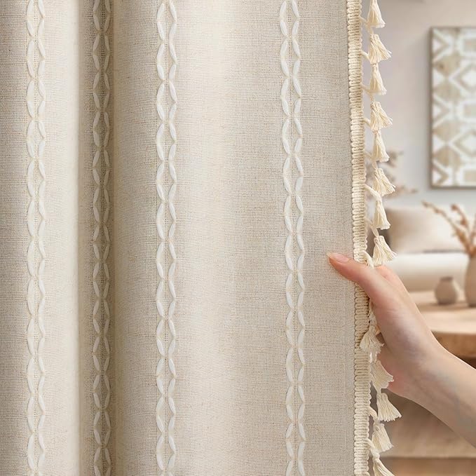 Boho Blackout Curtains 63 Inches Long Beige Linen Blend 2 Panels - Image 2
