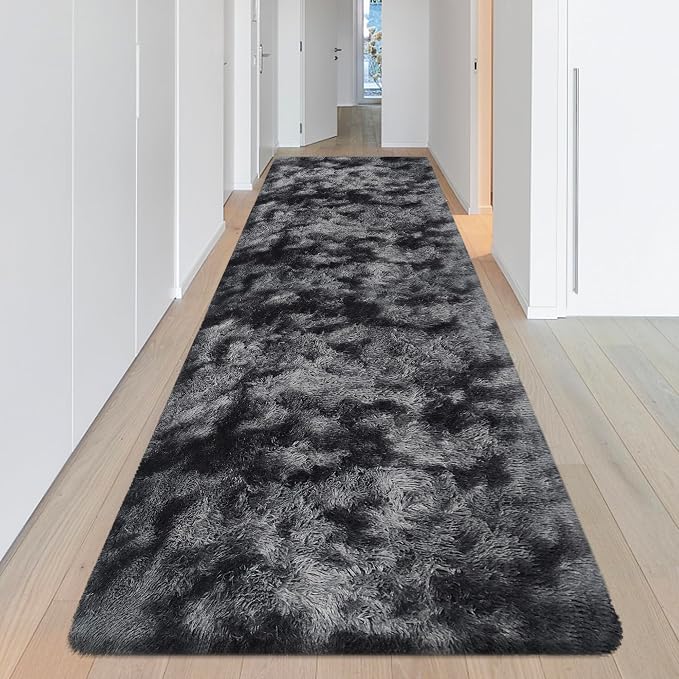 Tie-Dyed Runner Rug for Bedroom Black Grey 3x10ft Fluffy Area Rug Bedside - Image 2