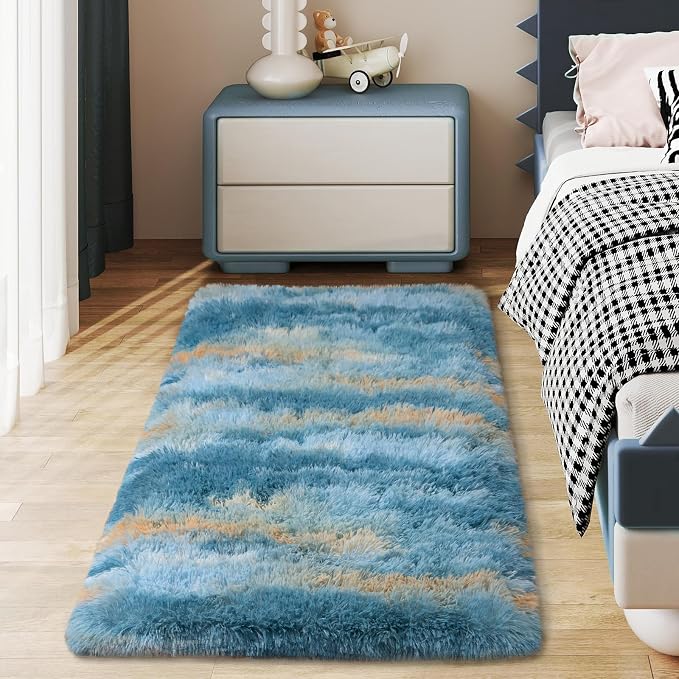 Soft Runner Rugs for Bedroom Hallways, 2x3 Abstract Blue Fluffy Shag Throw Area by Ailyei