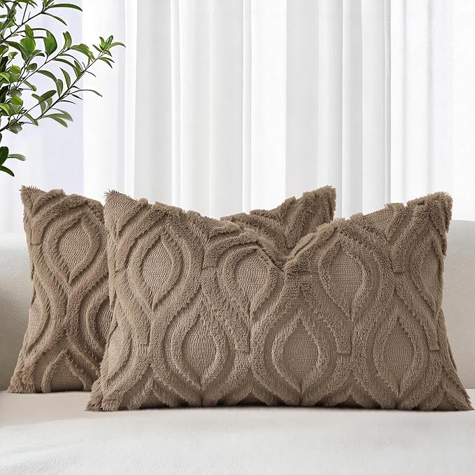 decorUhome Throw Pillow Covers 12x20 Inch Set of 2, Soft Plush Faux Wool Light by decorUhome