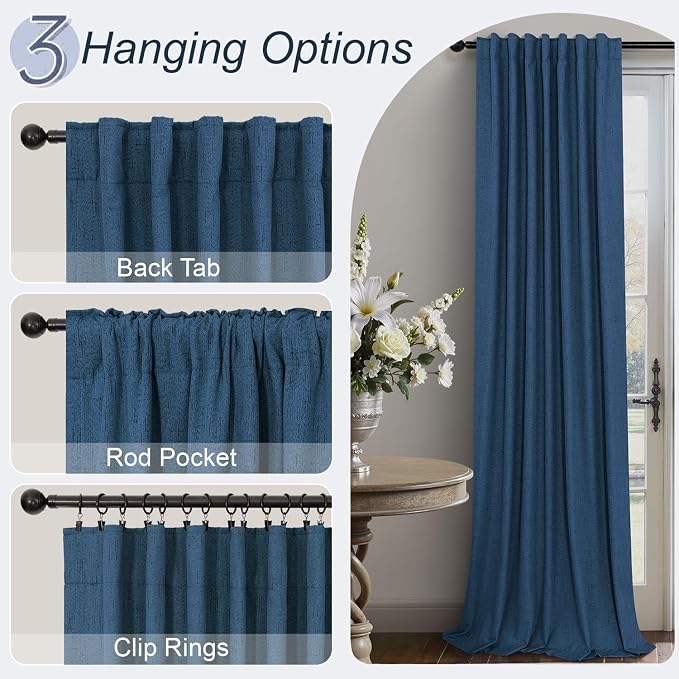 Navy Blue Black Out Curtains 63 Inch Long 2 Panel Burg Linen Textured Thermal - Image 6
