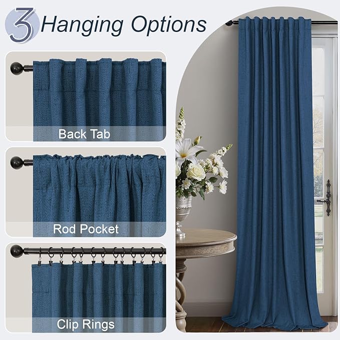 Navy Blue Black Out Curtains 96 Inches Long 2 Panels Linen Textured Blackout - Image 6