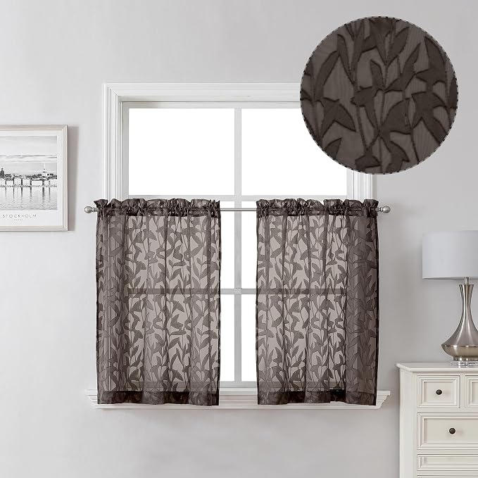 Lecloud Leia Chocolate Brown Sheer Kitchen Curtains 24 Inch Length 2 Pcs by Lecloud