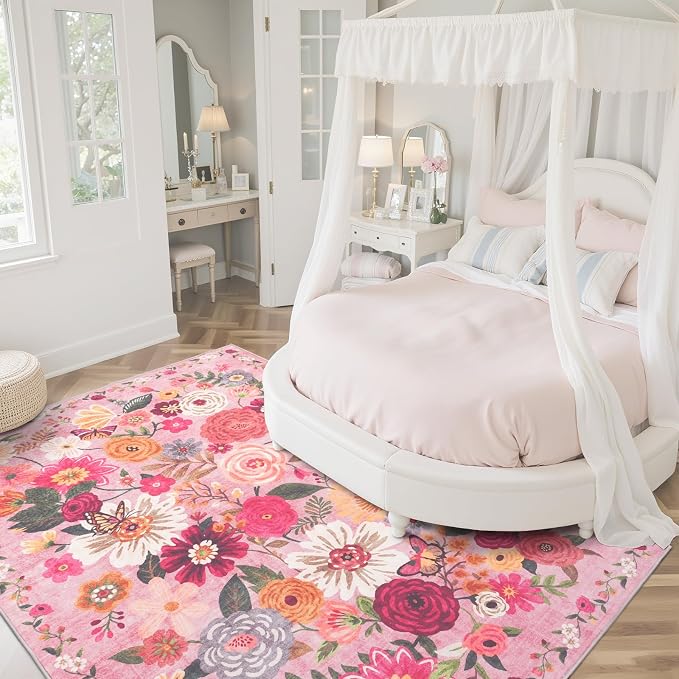 Pink Floral Girls Room Rug 5x7, Non-Slip Washable Rugs - Image 2