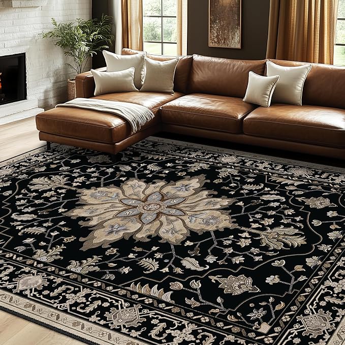 RELEANY Area Rugs 7'x10' Washable Non-Slip, Floral Vintage Distress Print by RELEANY