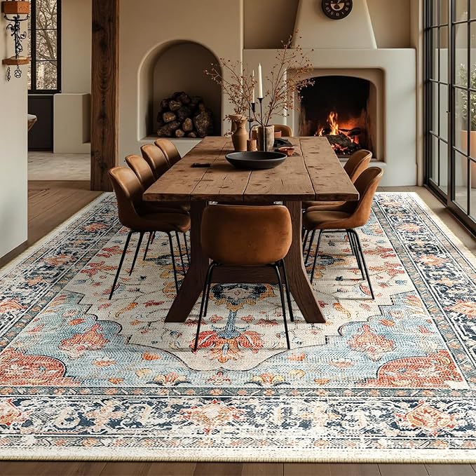 Area Rugs 10'x12' Washable Non-Slip, Floral Vintage Distress Print Pattern - Image 3