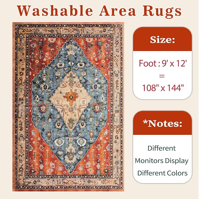 SERISSA Washable Rugs 9x12 Area Rugs, Large Non-Slip Boho Living Room Rug - Image 6