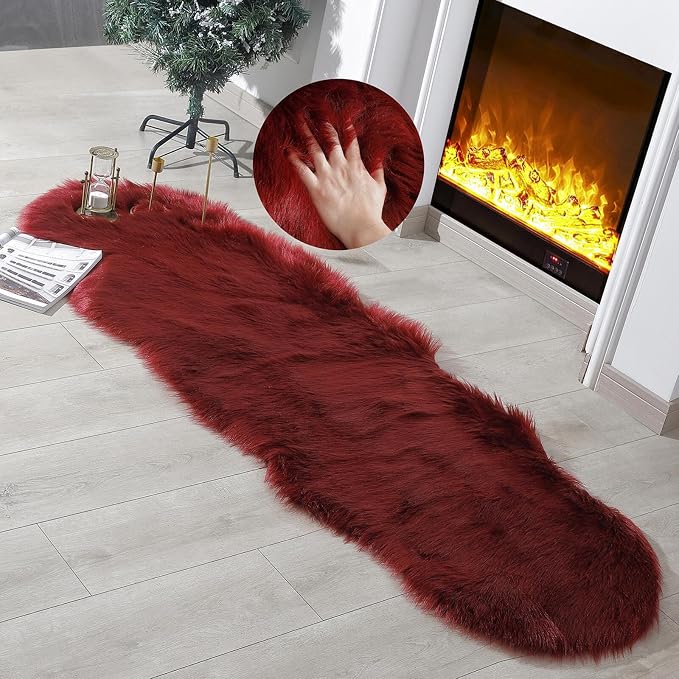 linmopm Faux Fur Rug Sheepskin Shag Fluffy Fuzzy Red 2x6 ft Runner Rugs - Image 2
