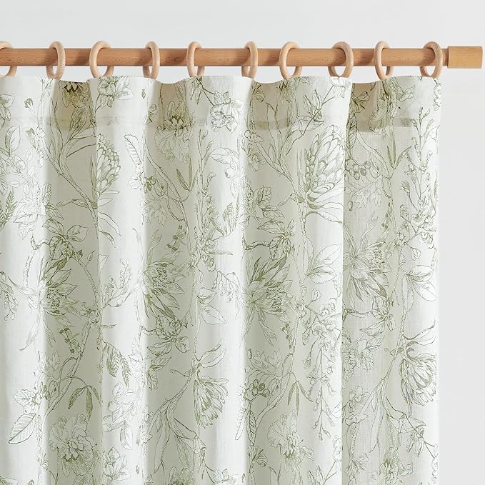 jinchan Floral Curtains 90 Inch Length Sage Green Flower Linen Farmhouse Curtain by JINCHAN