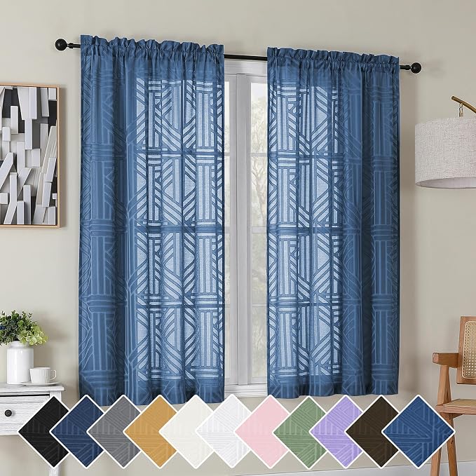 Simplebrand Dusty Blue Semi Sheer Curtains 45 Inch Length 2 Panels, Geometric by Simplebrand
