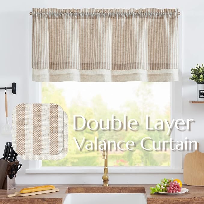 jinchan Linen Valance Curtain Striped Small Window Curtain Double Layer Light - Image 2