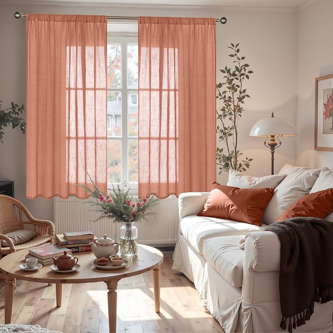 BGment Terracotta Short Linen Curtains 48 Inch Length, Burnt Orange Light - Image 3