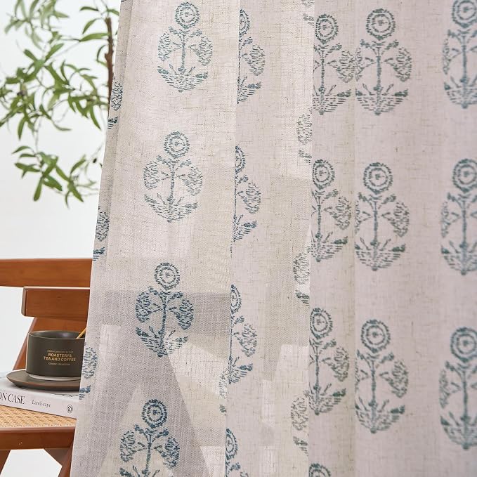 jinchan Linen Floral Curtains for Living Room 84 Inch Length Blue Flower - Image 3