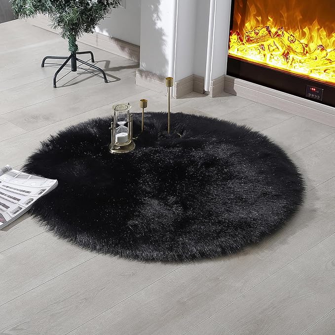 linmopm Faux Fur Rug Sheepskin Shag Fluffy Fuzzy Black 3x3 ft Rugs by Limopmfauxfurproducts