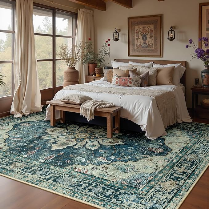 RELEANY Area Rugs 9'x12' Washable Non-Slip, Floral Vintage Distress Print - Image 3
