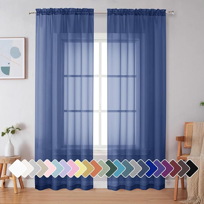 Simplebrand Royal Blue Sheer Curtains 84 Inches Long 2 Panels, Light Filtering by Simplebrand