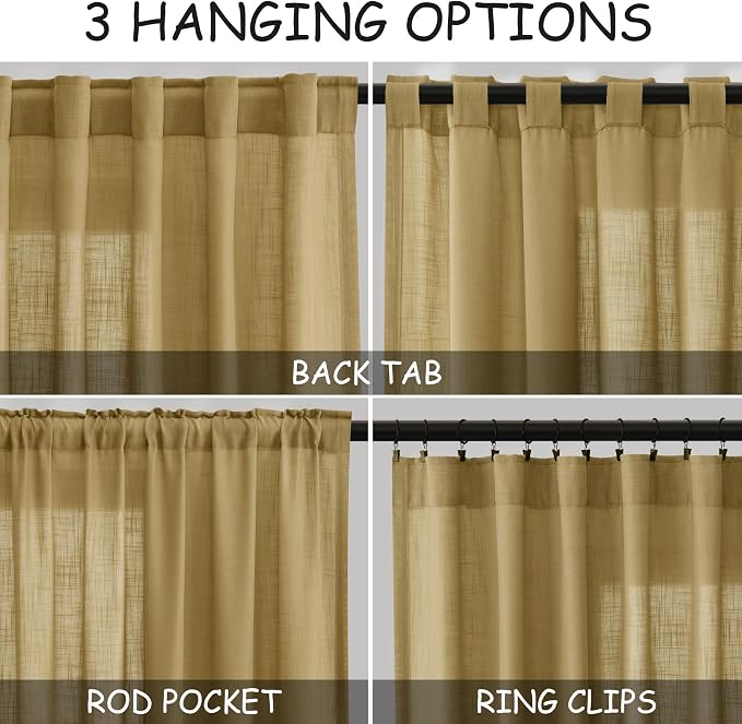 Nanspring Gold Linen Curtains Semi Sheer Gold 96 Inches Long 2 Panels Set - Image 2