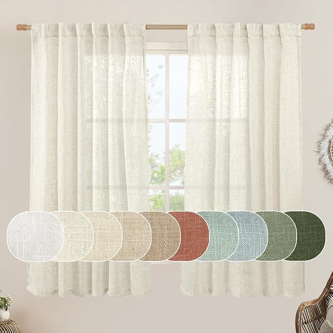 LAMIT Natural Semi Sheer Linen Curtains 60 Inch, Light Filtering Neutral Window by LAMIT