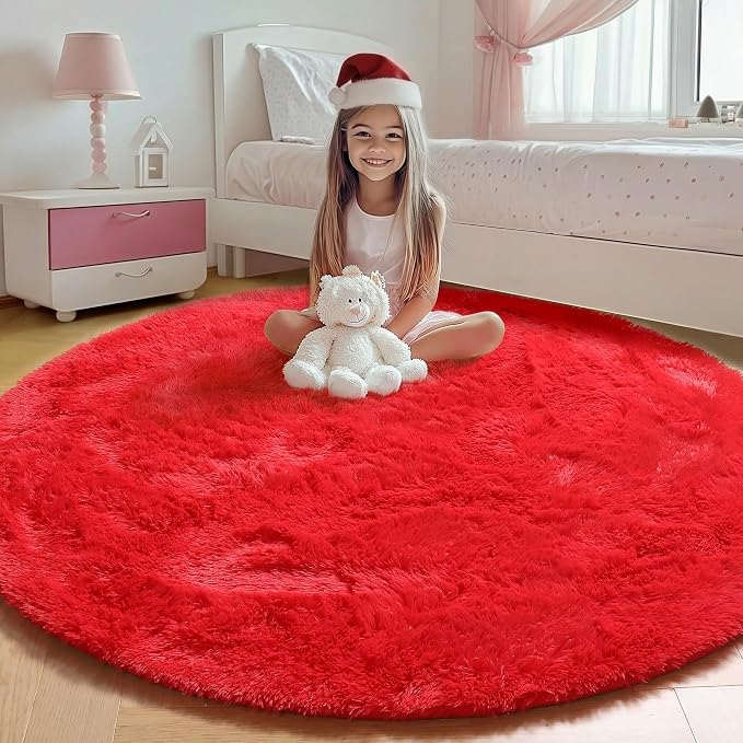 ONASAR Red Round Area Rug 4ft, Soft Bedroom Circle Rugs Floor Mat by ONASAR