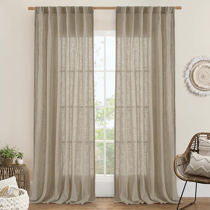 LAMIT Taupe Sheer Linen Curtains, 108 inch Light Filtering Semi Sheer Panels by LAMIT