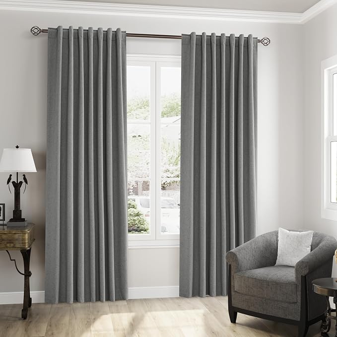 Guken Dark Grey 100% Blackout Linen Curtains 96 Inch Length 2 Panels Set - Image 8