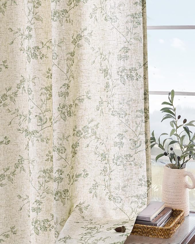 Lazzzy Farmhouse Linen Curtains Extra Long Green Floral Curtains 108 Inch - Image 9