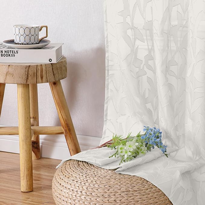 Lecloud Leia Ivory Sheer Curtains 108 Inches Long 2 Panels, Airy Jacquard Leaf - Image 8