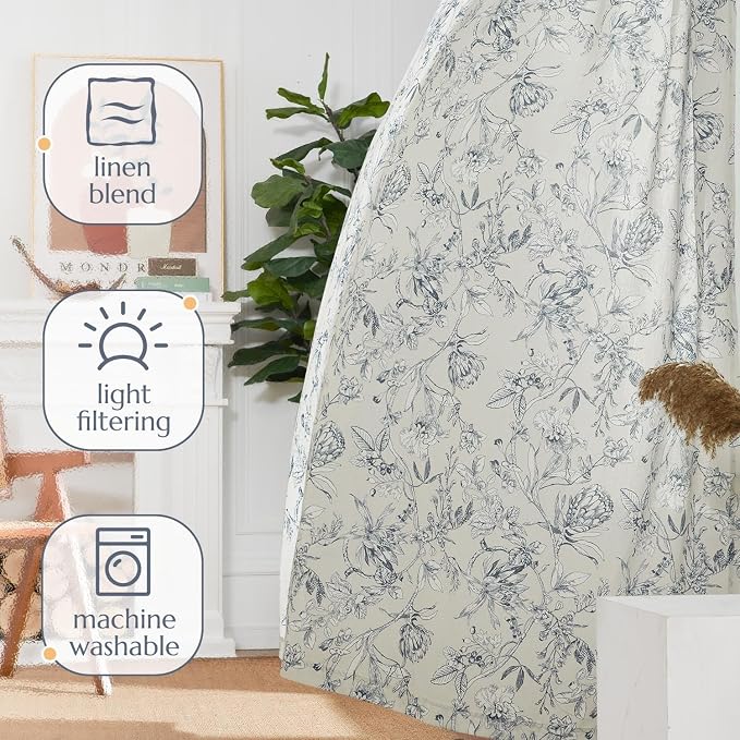 jinchan Floral Curtains 90 Inch Length Blue Flower Linen Farmhouse Curtain - Image 7