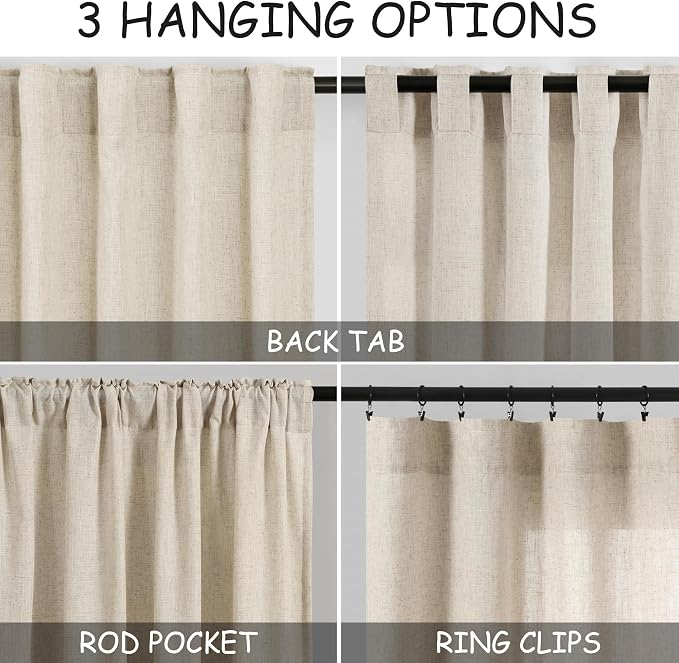 Nanspring Beige Linen Curtains 63 inches Long - Image 3