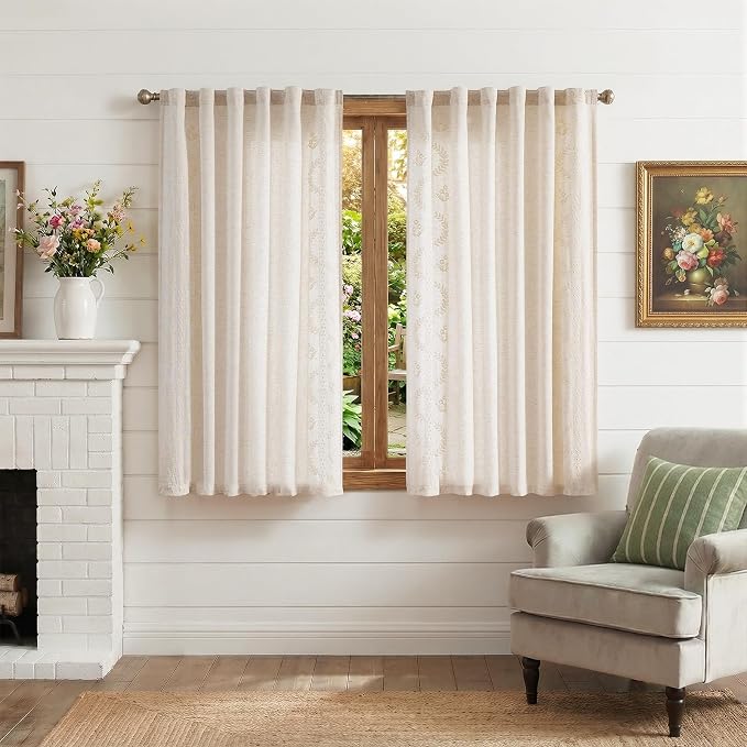 jinchan Belrose Linen Floral Cafe Curtains 45 Inch Length Embroidered Farmhouse - Image 2