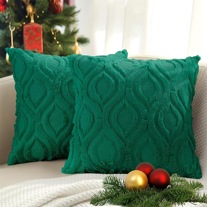 decorUhome Throw Pillow Covers 24x24 Inch Set of 2, Soft Plush Faux Wool Green by decorUhome