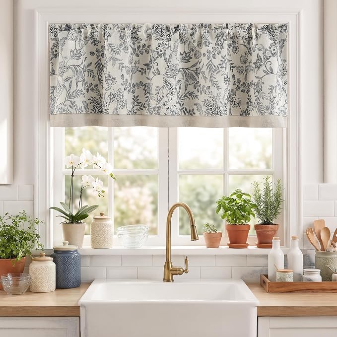 jinchan Linen Valance Curtain Farmhouse Floral Printed Small Window Curtain - Image 2