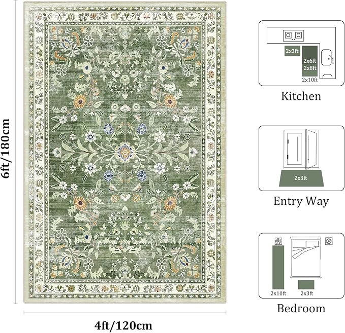 Yamaziot Washable Area Rug 4x6, Non-Slip Boho Floral Living Room Rug - Image 2