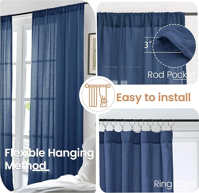 BGment Navy Blue Linen Curtains 54 Inch Length - Image 6