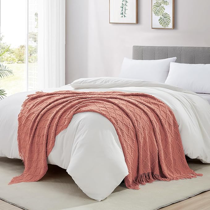 BOURINA Coral Pink Throw Blanket 50 x70 Inches Jacquard Argyle Throw Textured - Image 4