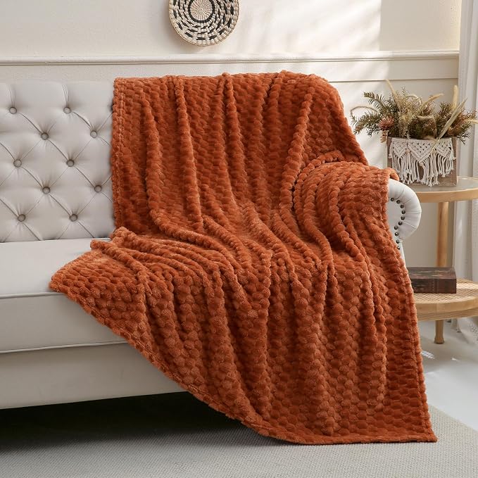 Puncuntex Burnt Orange Throw Blanket 90"×90" inches Fuzzy 3D Jacquard - Image 3