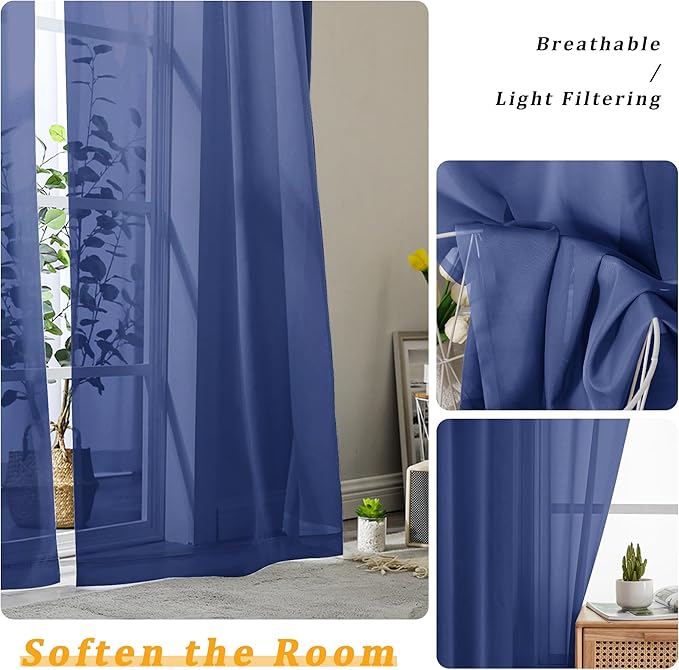 Gwine Royal Blue Sheer Curtains 30 Inch Length, Short Light Filtering Voile - Image 4