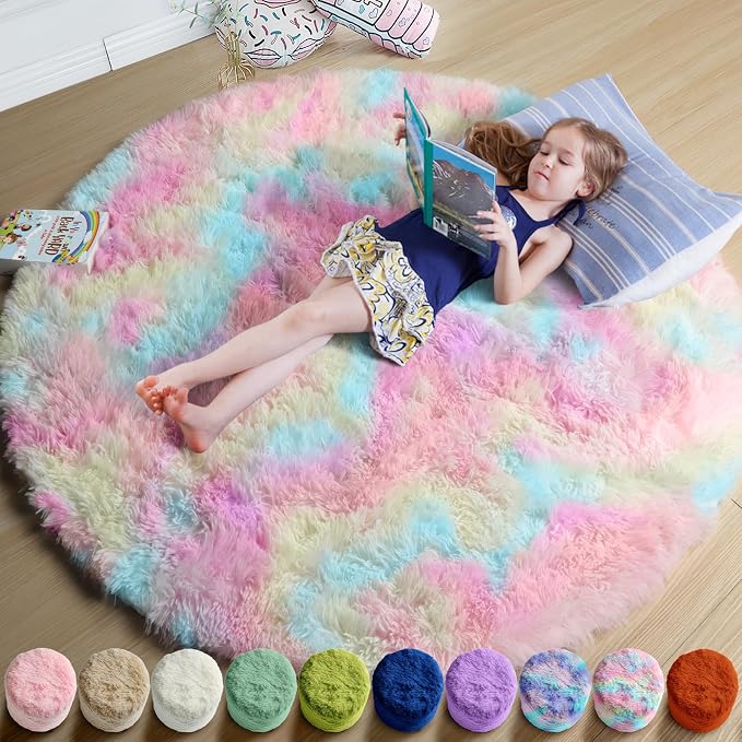 Amdrebio Rainbow Fluffy Small Round Rug 3Ft Kids Rugs by Amdrebio
