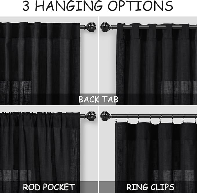 Nanspring Black Linen Blend Semi Sheer Curtains 86 Inches Long 2 Panel Set - Image 3