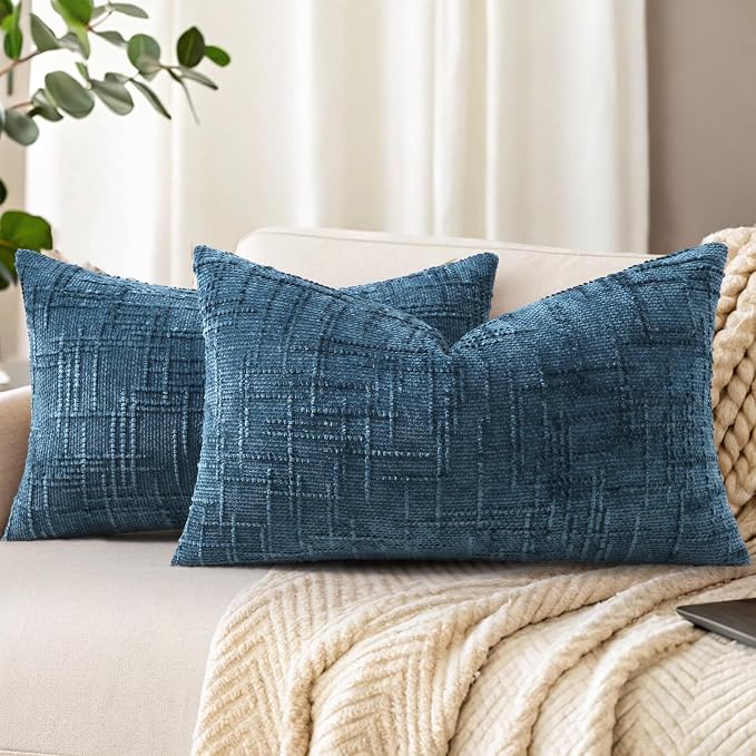 decorUhome Navy Blue Chenille Throw Pillow Covers 12x20 Set of 2 Textured Soft by decorUhome